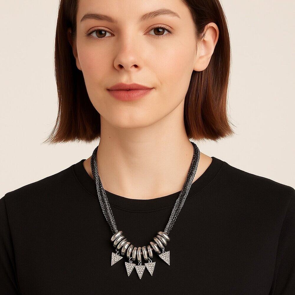 Material Girl Black & Silver Chain Necklace with Rhinestone Spike Charms NWT